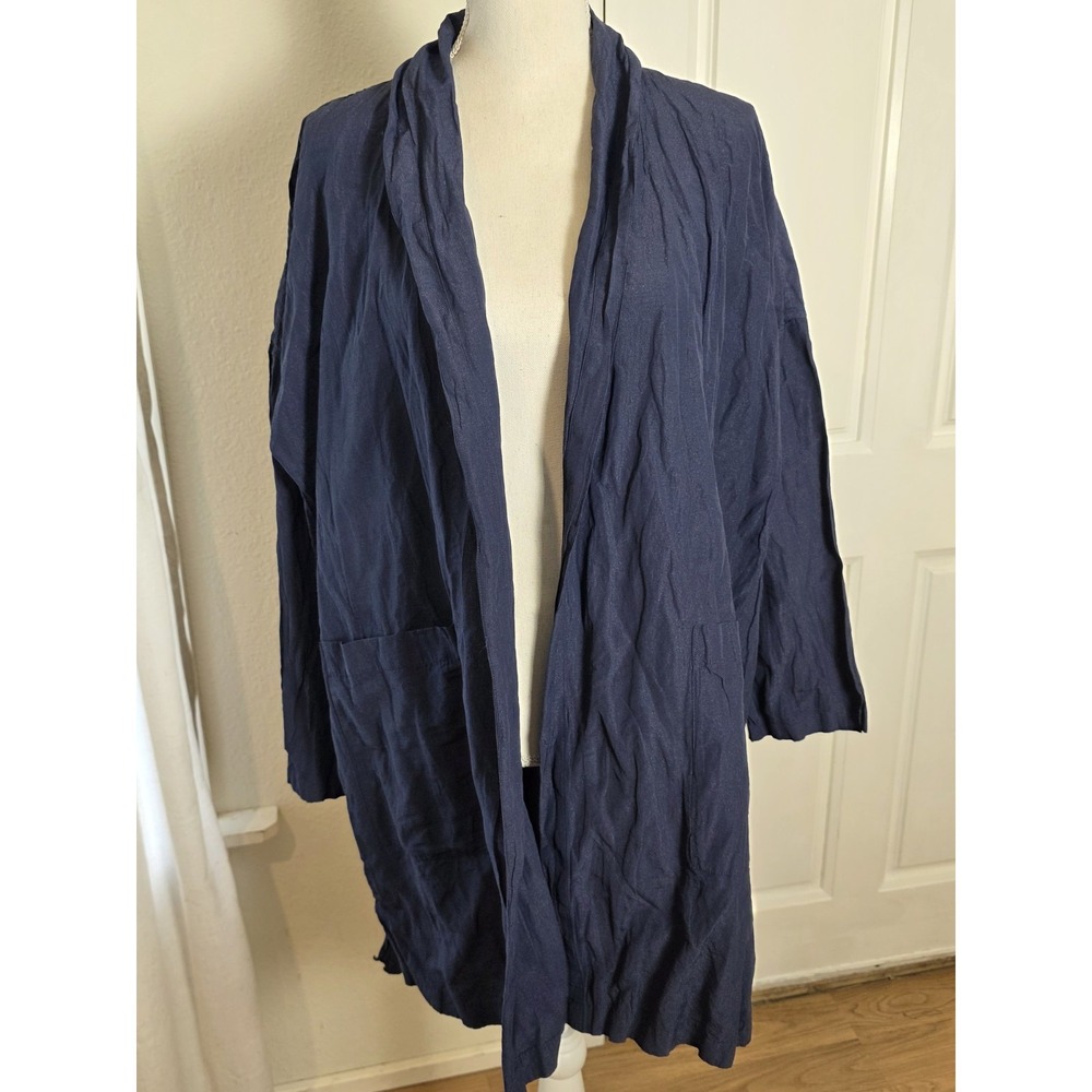 EILEEN FISHER Organic Cotton Nylon Jacket Cardigan Open Medium Navy Crinkle
